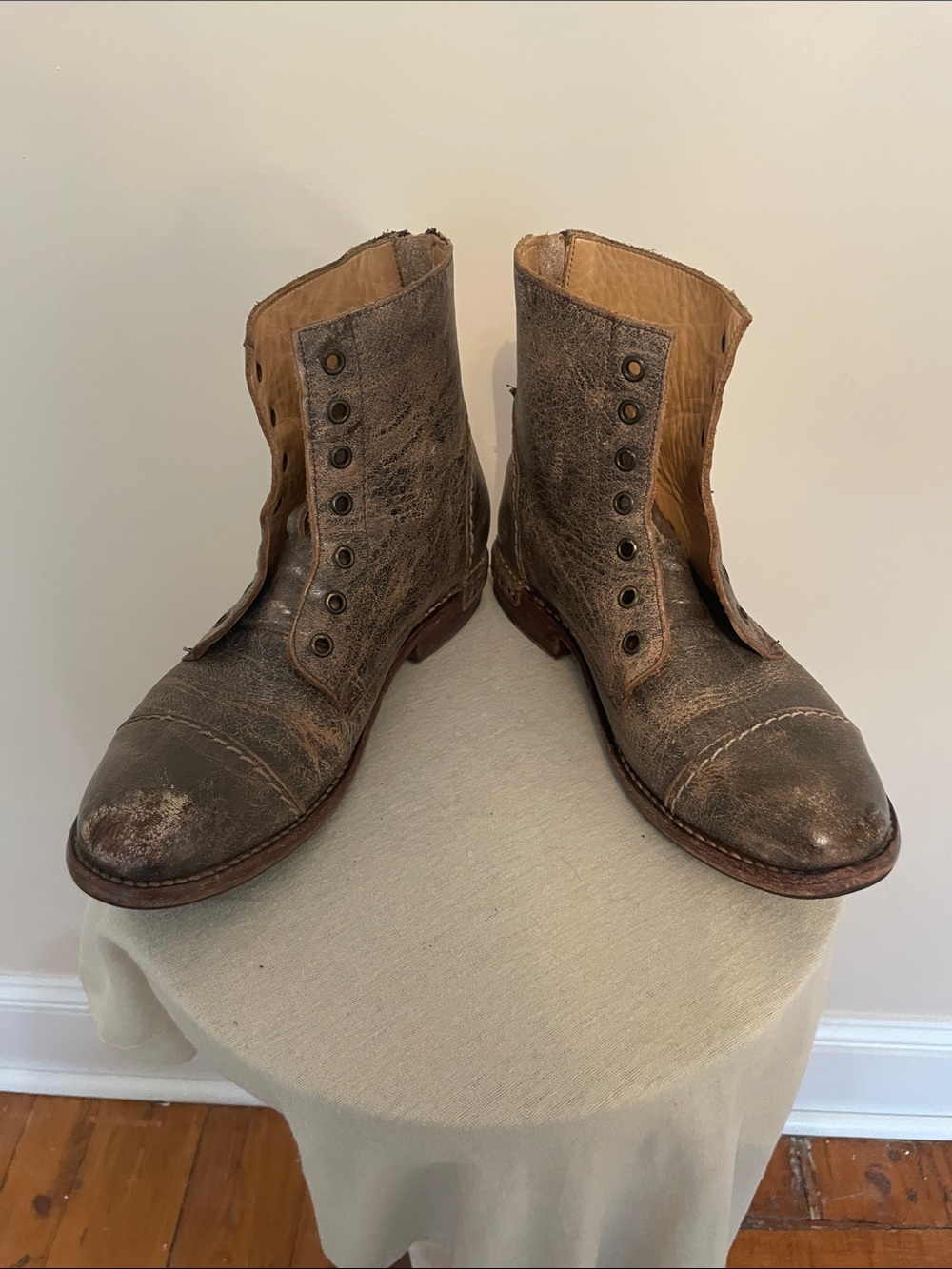 BedStu Distressed Tan Leather Ankle Boots